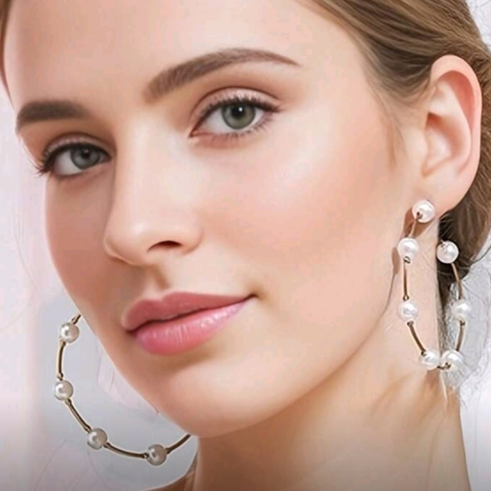 NEW! Gold Plated Pearl Station Large Open Hoop Earrings